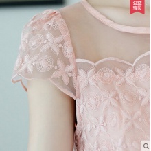荷葉邊歐根紗刺繡短袖鏤空蕾絲連衣裙 夏韓系小香風短裙A字連衣裙